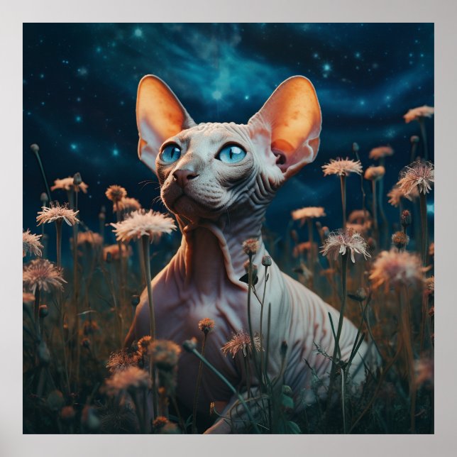 Sphynx Cat Gazing Sky – Vibrant Floral Art Poster (Framsidan)