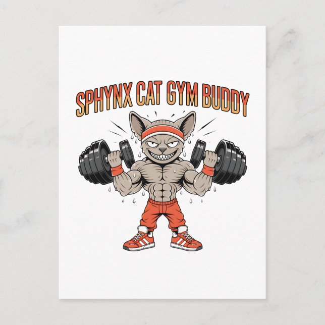 Sphynx Cat Gym Buddy Cartoon Fitness Art Vykort (Framsida)