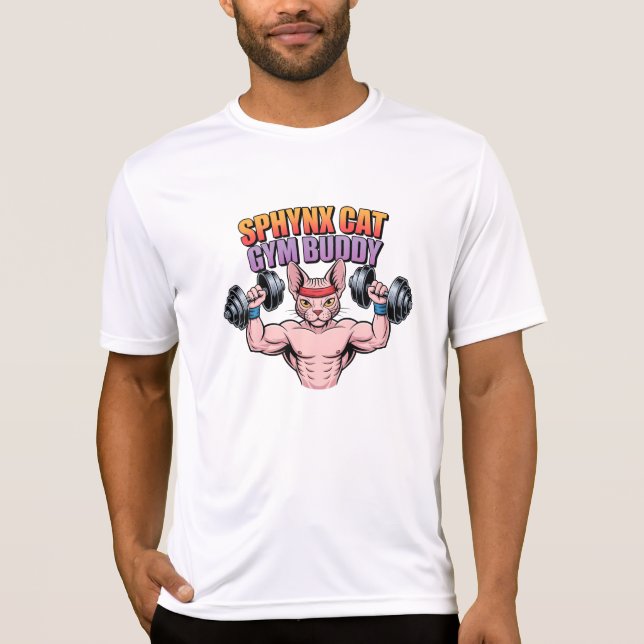 Sphynx Cat Gym Buddy Muscular Cartoon T Shirt (Framsida)