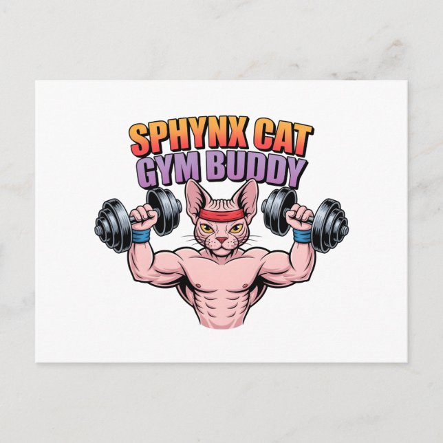 Sphynx Cat Gym Buddy Muscular Cartoon Vykort (Framsida)