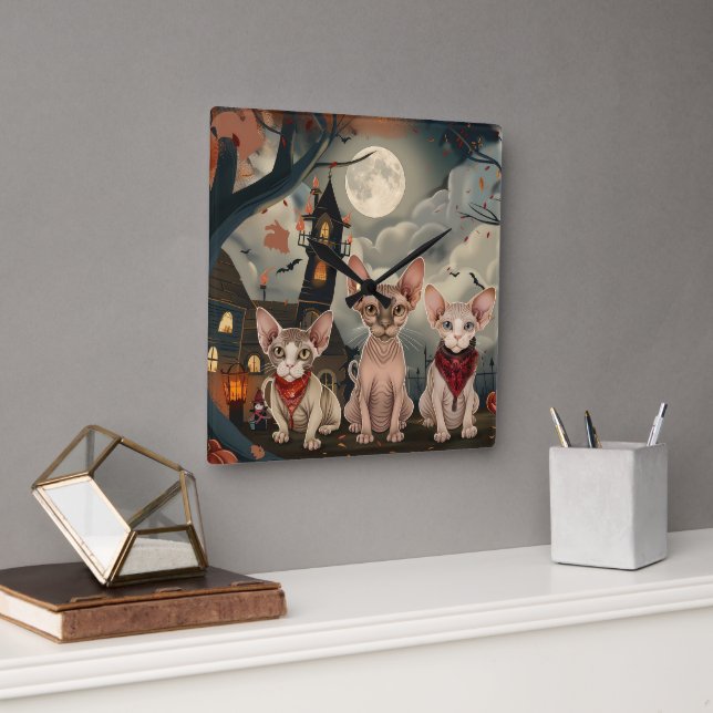 Sphynx Cat Halloween Spooky Fyrkantig Klocka (Kontor)