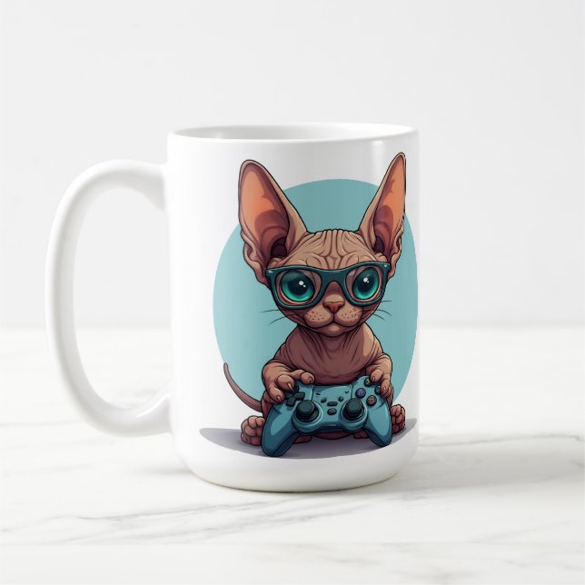 Sphynx Cat Holding Game Controller Kaffemugg (Vänster)