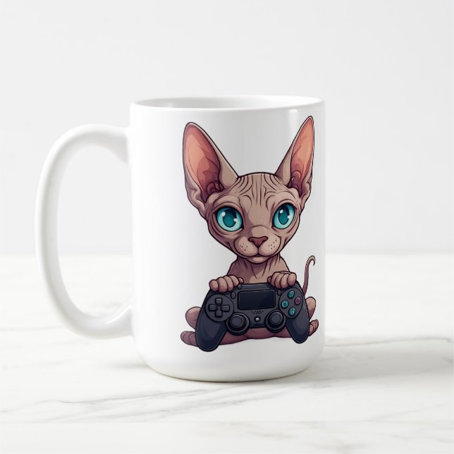 Sphynx Cat Holding Game Controller Kaffemugg (Vänster)