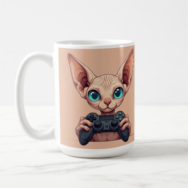Sphynx Cat Holding Game Controller Kaffemugg (Vänster)