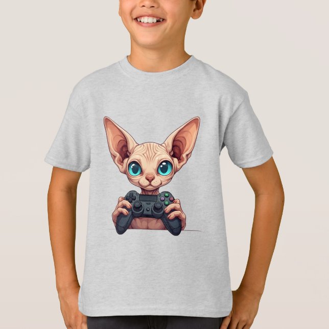 Sphynx Cat Holding Game Controller T Shirt (Framsida)
