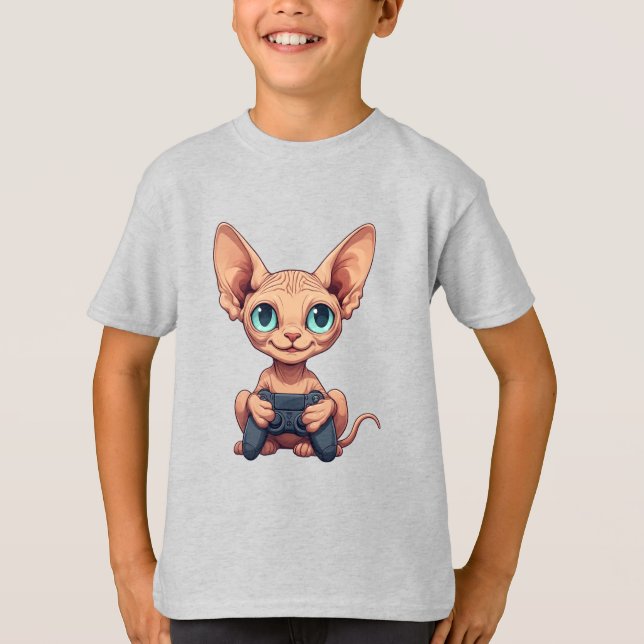 Sphynx Cat Holding Game Controller T Shirt (Framsida)
