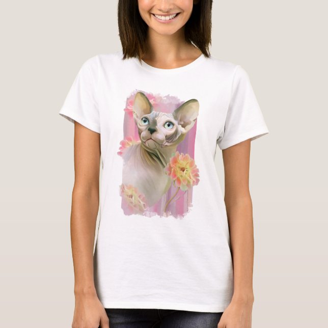 Sphynx Cat i blommor. T-shirt (Framsida)