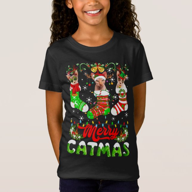 Sphynx Cat jul Santa Hat Scarf Helgdag Cute T Shirt (Framsida)