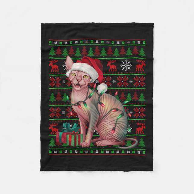 Sphynx Cat Julafton Ljus Ugly Santa Hat Sphynx Cat Fleecefilt (Framsidan)