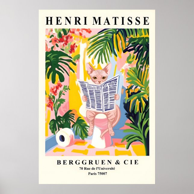 Sphynx Cat on Toilet Wall Art Funny Matisse Style Poster (Framsidan)