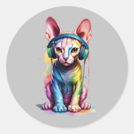Sphynx Cat Rainbow-hörlurar Runt Klistermärke