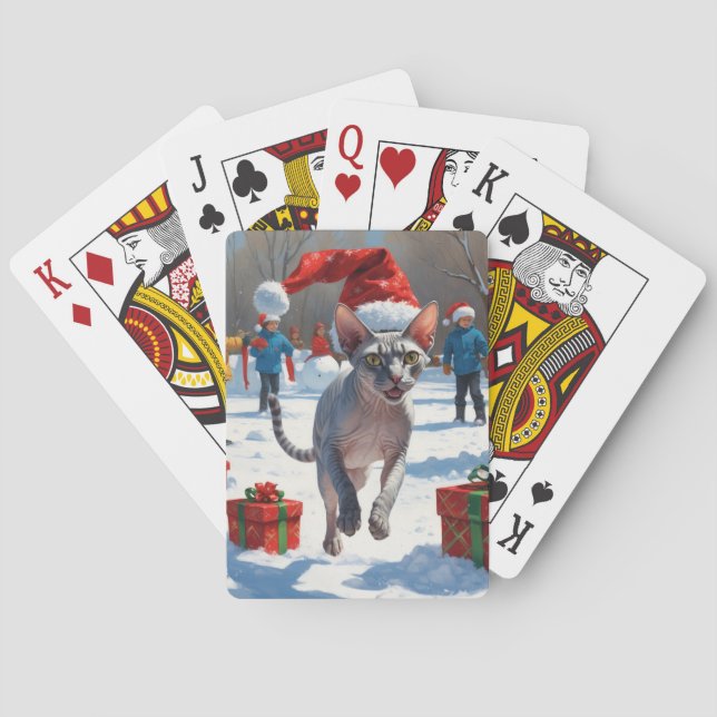 Sphynx Cat Runin i Snö med julklapp Casinokort (Baksidan)