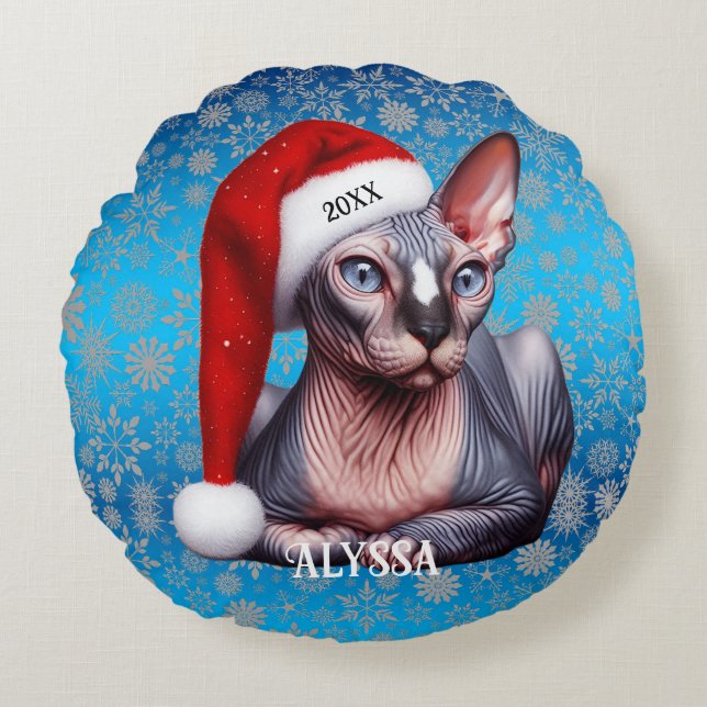 Sphynx Cat Söt Blue-jul Rund Kudde (Framsidan)