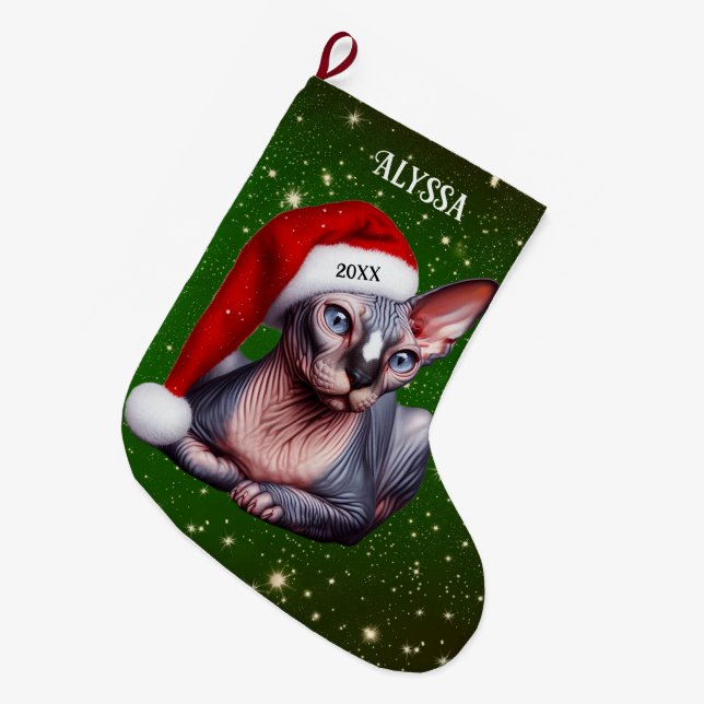Sphynx Cat Söt Grönt jul Stor Julstrumpa (Framsidan (Hängande))