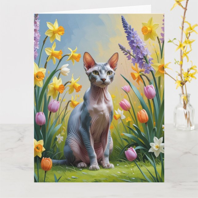 Sphynx Cat Vårblommor Målning Kort (Gul blomma)