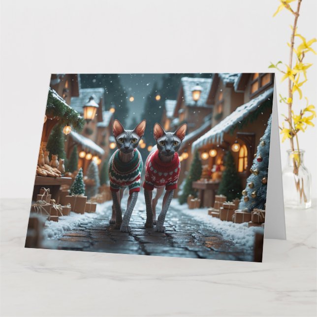 Sphynx Cats-juljul Snö Helgdag Kort (Gul blomma)