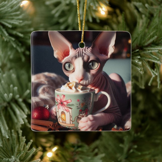 Sphynx Hot Cocoa Cat Christmas Julgransprydnad Keramik (Träd)