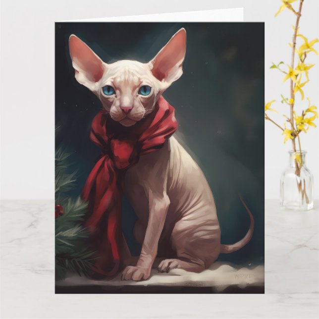 Sphynx hund i snö jul kort (Gul blomma)