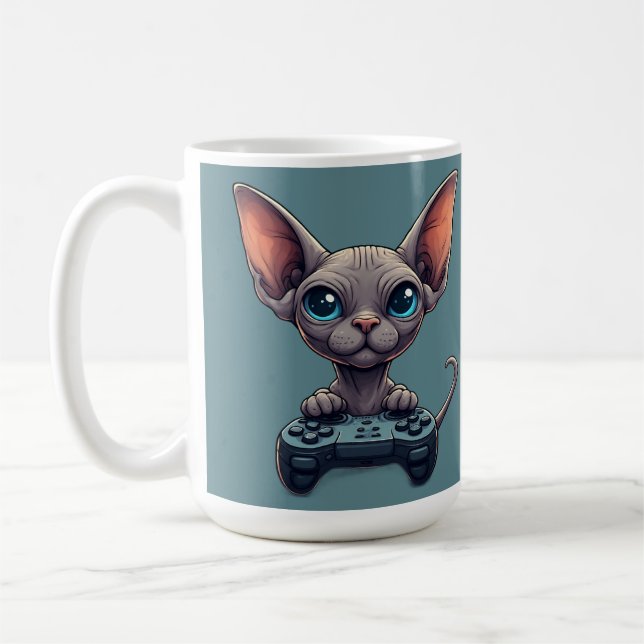 Sphynx Katt Håller Spelkontroll Kaffemugg (Vänster)