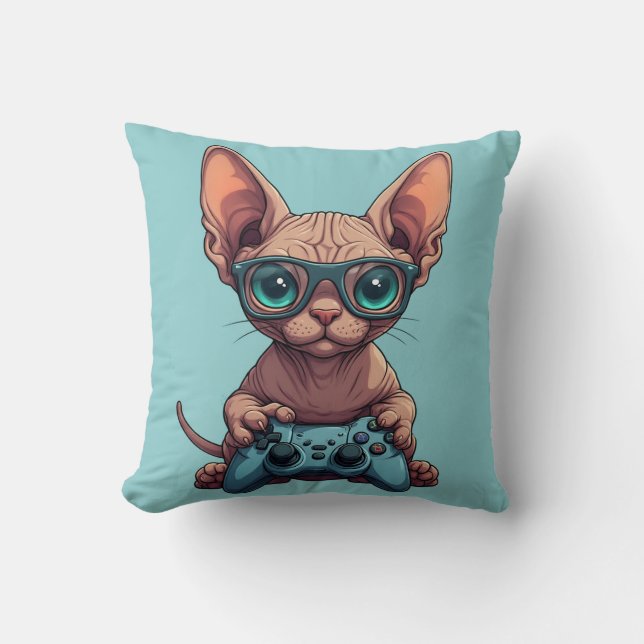 Sphynx Katt Håller Spelkontroll Kudde (Framsida)