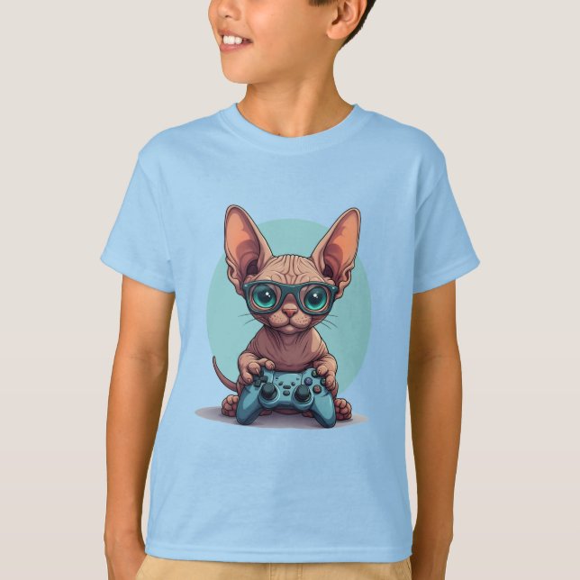 Sphynx Katt Håller Spelkontroll T Shirt (Framsida)