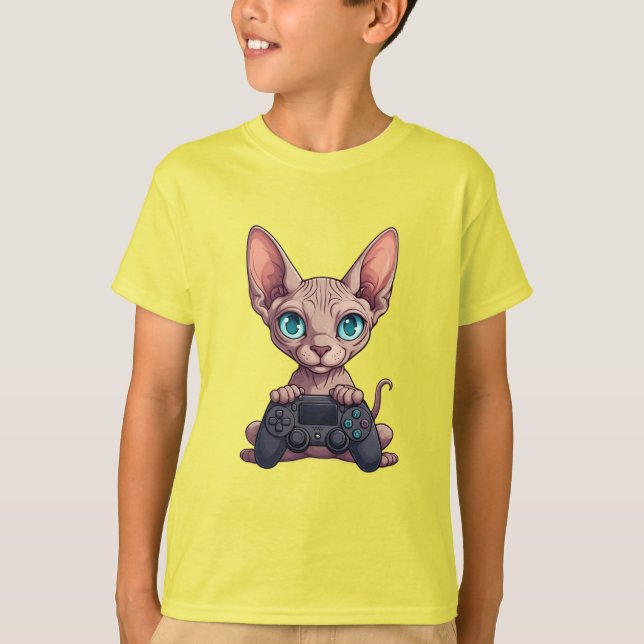 Sphynx Katt Håller Spelkontroll T Shirt (Framsida)