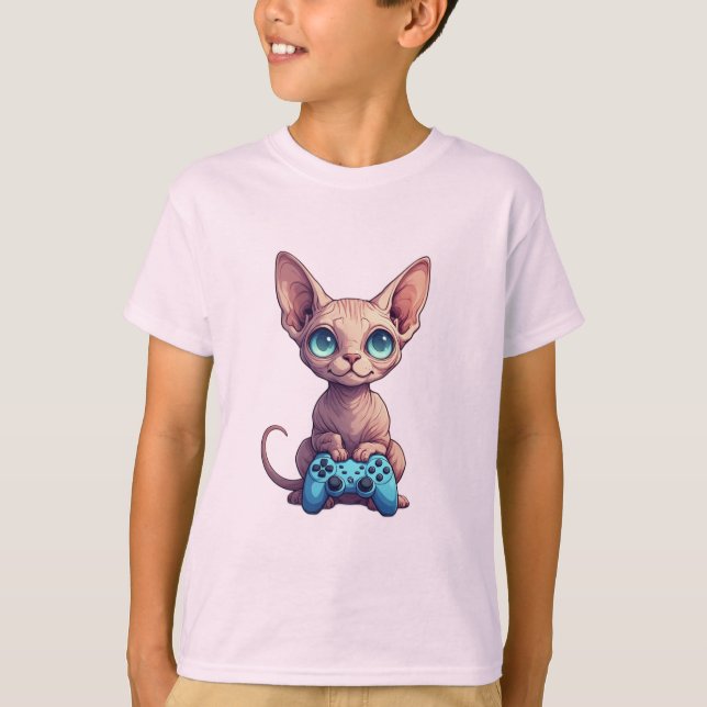 Sphynx Katt Håller Spelkontroll T Shirt (Framsida)