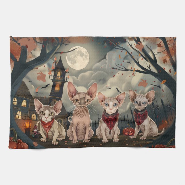 Sphynx Katt Halloween Kuslig Kökshandduk (Horisontell)