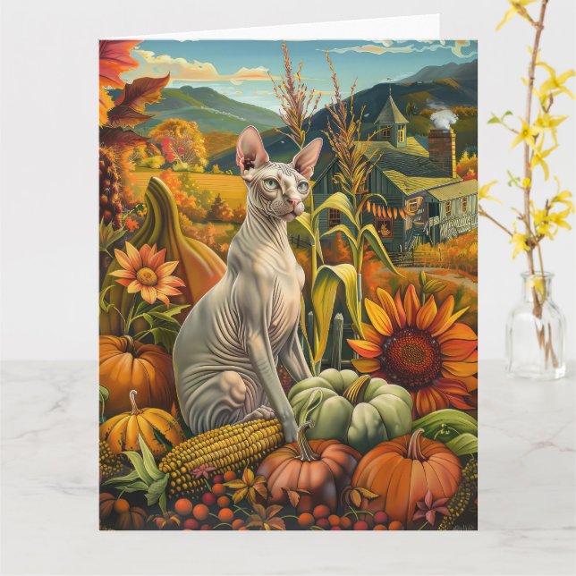 Sphynx Katt Höstskörd Tacksägelse Kort (Gul blomma)