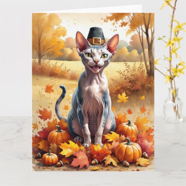 Sphynx Katt  I Höstlöv Thanksgiving Konst Kort (Gul blomma)