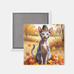 Sphynx Katt I Höstlöv Thanksgiving Konst Magnet