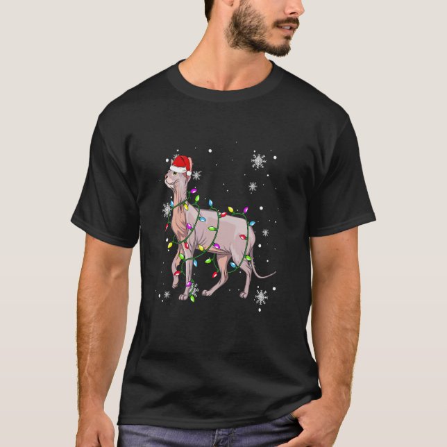 Sphynx Katt Julbelysning Julkatt Santa hatt T Shirt (Framsida)