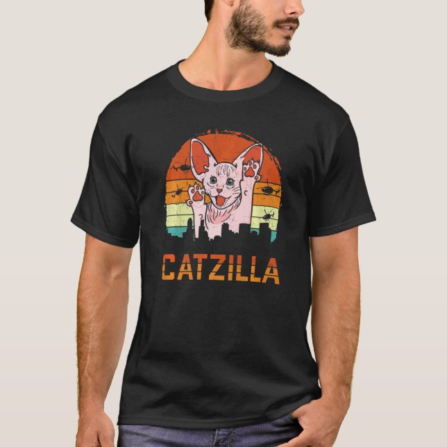 Sphynx Katt Kattunge Catzilla Monster Attackerar S T Shirt (Framsida)