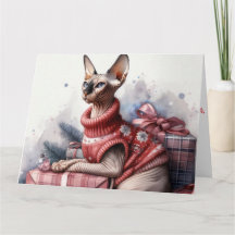 Sphynx Katt Konst Jul Akvarell Xmas Kort