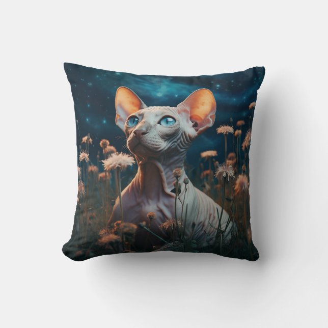 Sphynx Katt & Livfulla Blommor – Whimsisk Konst Kudde (Framsida)