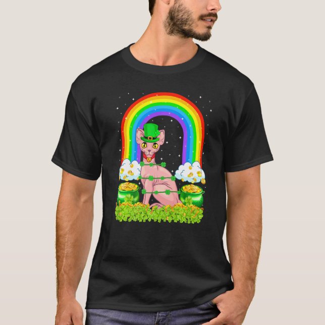 Sphynx Katt  Regnbåge Shamrock Sphynx Katt St Patr T Shirt (Framsida)