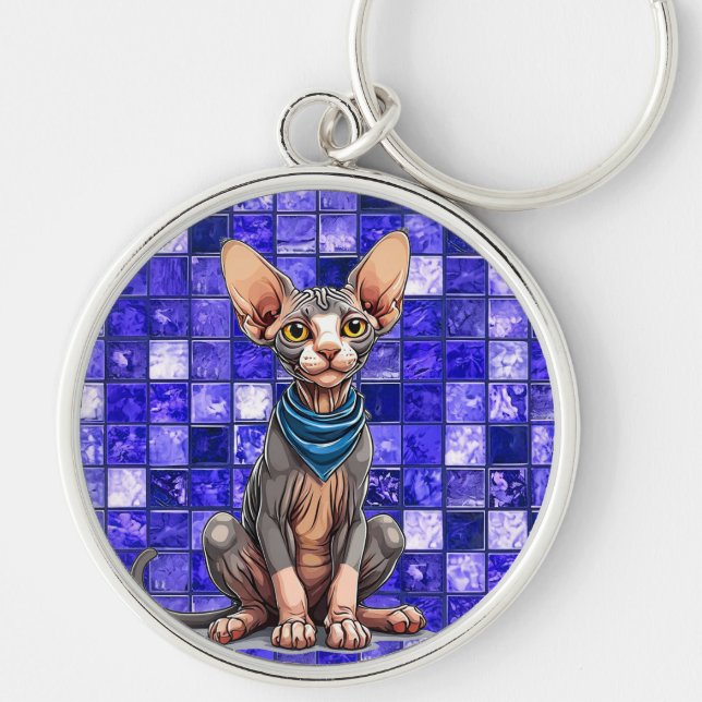 Sphynx-katt Rund Silverfärgad Nyckelring (Framsidan)