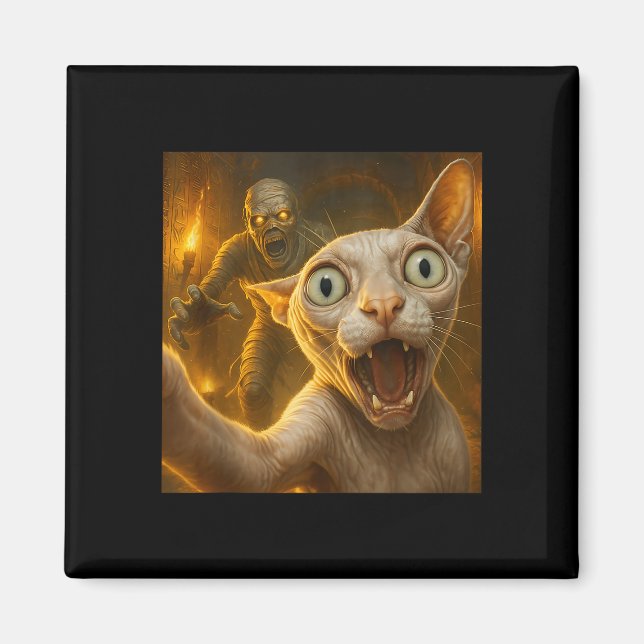 Sphynx katt selfie rolig kuslig mumie spöke magnet (Framsidan)