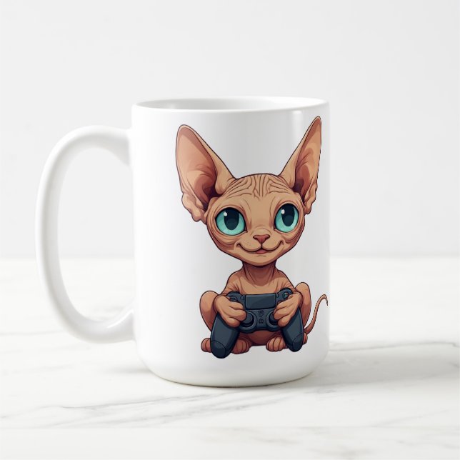 Sphynx-katt som håller spelkontroll kaffemugg (Vänster)