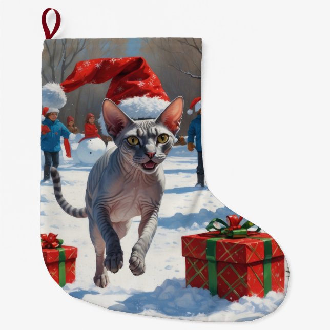 Sphynx-katt springer i snö med julhatt stor julstrumpa (Framsidan)