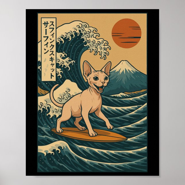 Sphynx Katt Surfing Japansk Våg Stor Våg Kawaii Poster (Framsidan)