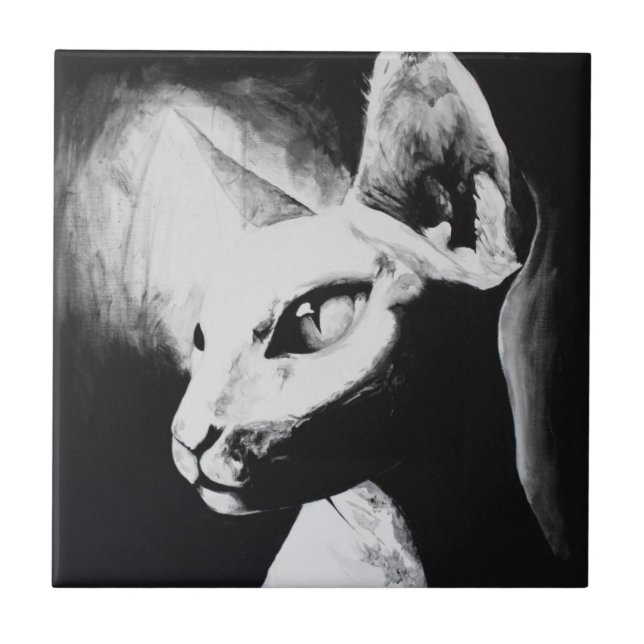 Sphynx Katt Svart Vitt Kontrast Kattritning Konst Kakelplatta (Framsidan)