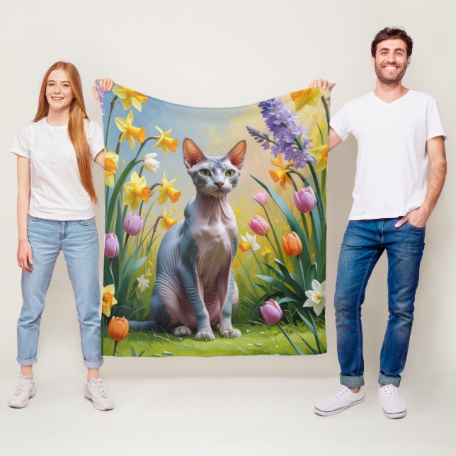 Sphynx Katt Vårblommor Målning Fleecefilt (På plats)