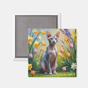 Sphynx Katt Vårblommor Målning Magnet