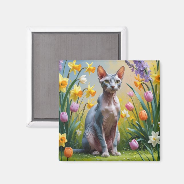 Sphynx Katt Vårblommor Målning Magnet (Front/Back)