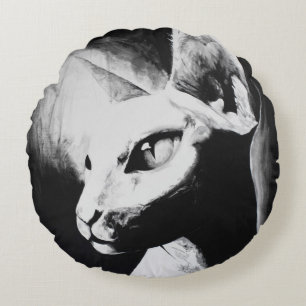 Sphynx Katten Kattdjur Svart & Vitt Original Konst Rund Kudde