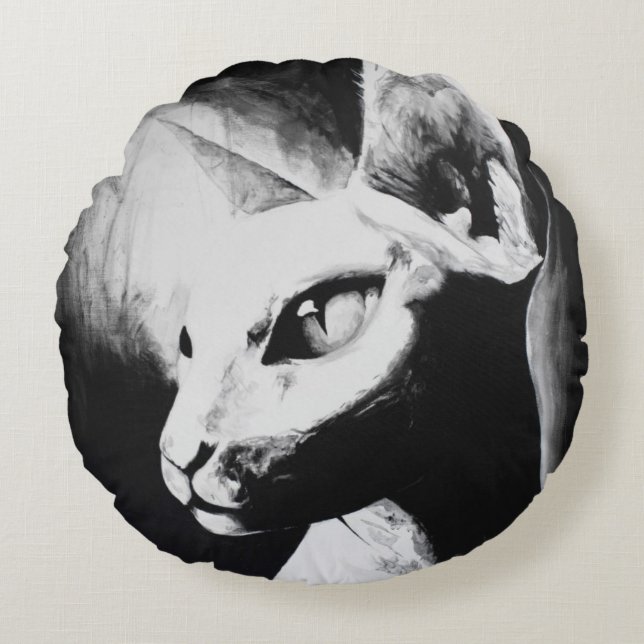 Sphynx Katten Kattdjur Svart & Vitt Original Konst Rund Kudde (Framsidan)