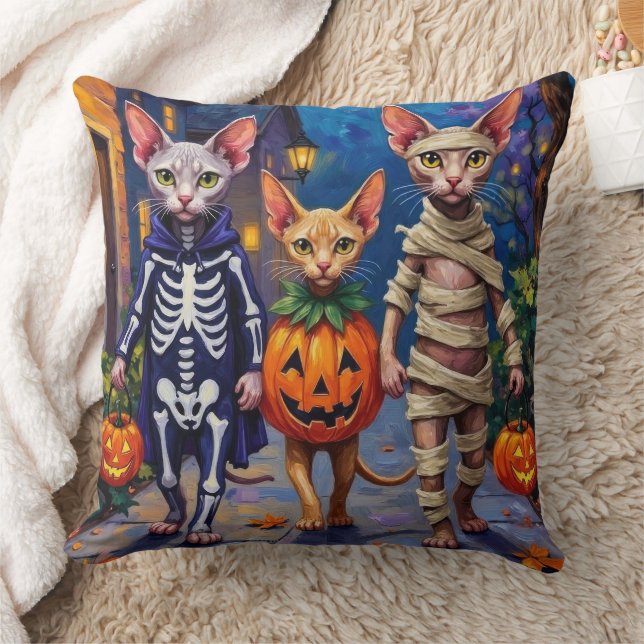 Sphynx Katter som Trick-or-Treatar i Halloween-kos Kudde (Filt)