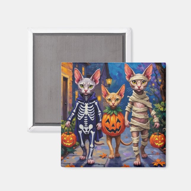 Sphynx Katter som Trick-or-Treatar i Halloween-kos Magnet (Front/Back)