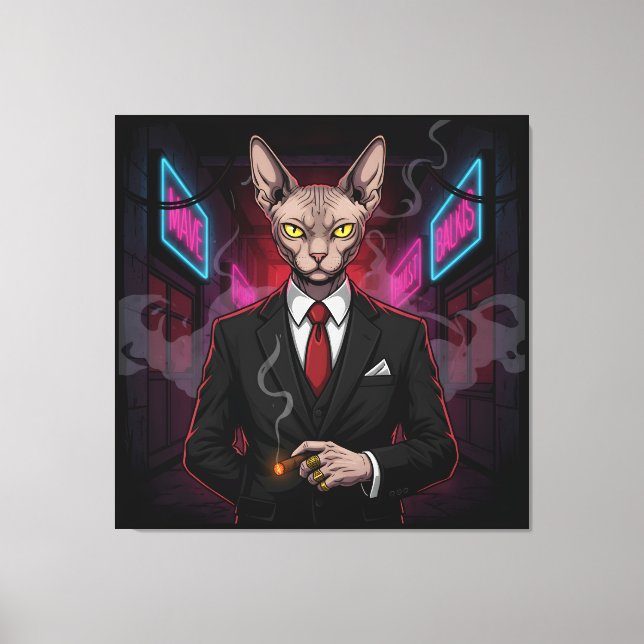 Sphynx Mafia Cat in Neon Noir Style Canvastryck (Framsida)